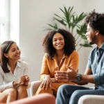 A diverse therapist and client in a calm, modern therapy office with natural light, engaged in a focused discussion, showing professional collaboration and trust in mental health treatment setting