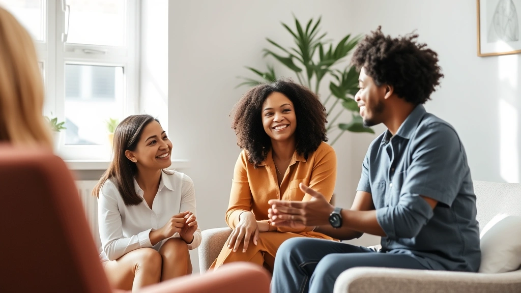 A diverse therapist and client in a calm, modern therapy office with natural light, engaged in a focused discussion, showing professional collaboration and trust in mental health treatment setting