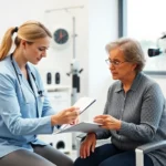 Occupational therapist conducting detailed assessment with client using standardized evaluation tools and measurement instruments in modern clinical setting, professional healthcare environment