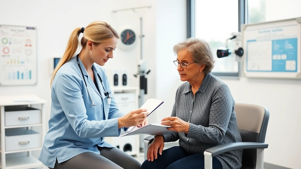 Occupational therapist conducting detailed assessment with client using standardized evaluation tools and measurement instruments in modern clinical setting, professional healthcare environment