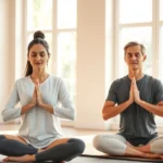 A serene occupational therapy session showing a therapist and client in mindful movement practice, with soft natural lighting streaming through large windows, both figures in peaceful, centered postures, hands in meditation position, warm neutral tones, photorealistic