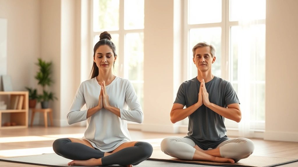 A serene occupational therapy session showing a therapist and client in mindful movement practice, with soft natural lighting streaming through large windows, both figures in peaceful, centered postures, hands in meditation position, warm neutral tones, photorealistic