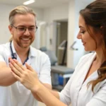 Professional occupational therapist in modern clinic evaluating patient's hand strength and range of motion using biomechanical assessment techniques, therapeutic equipment visible in background