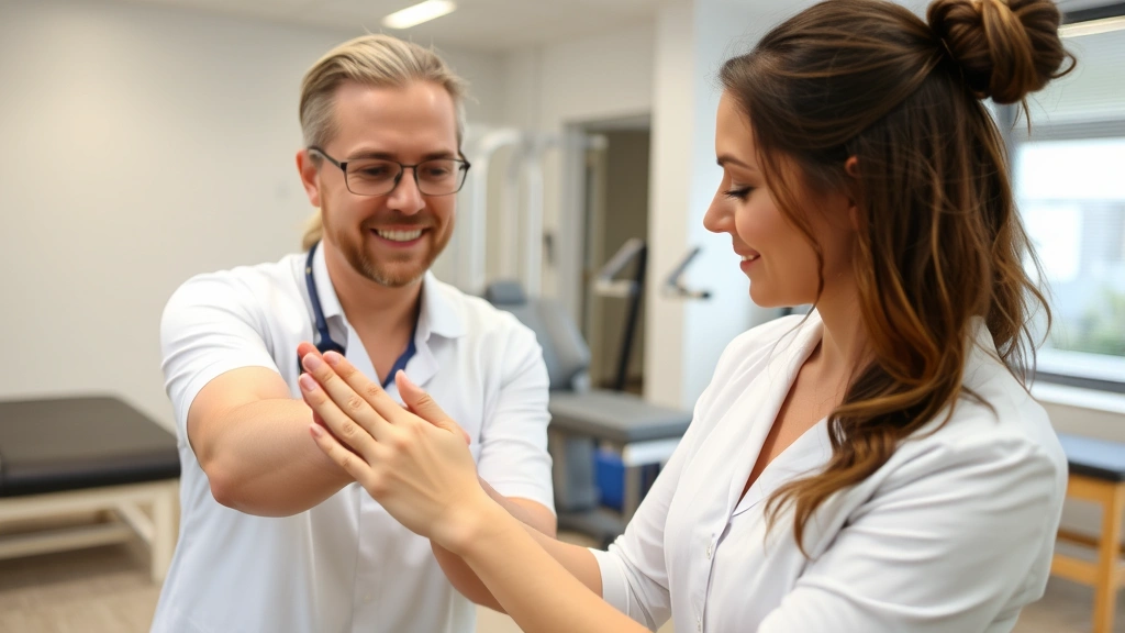 Professional occupational therapist in modern clinic evaluating patient's hand strength and range of motion using biomechanical assessment techniques, therapeutic equipment visible in background