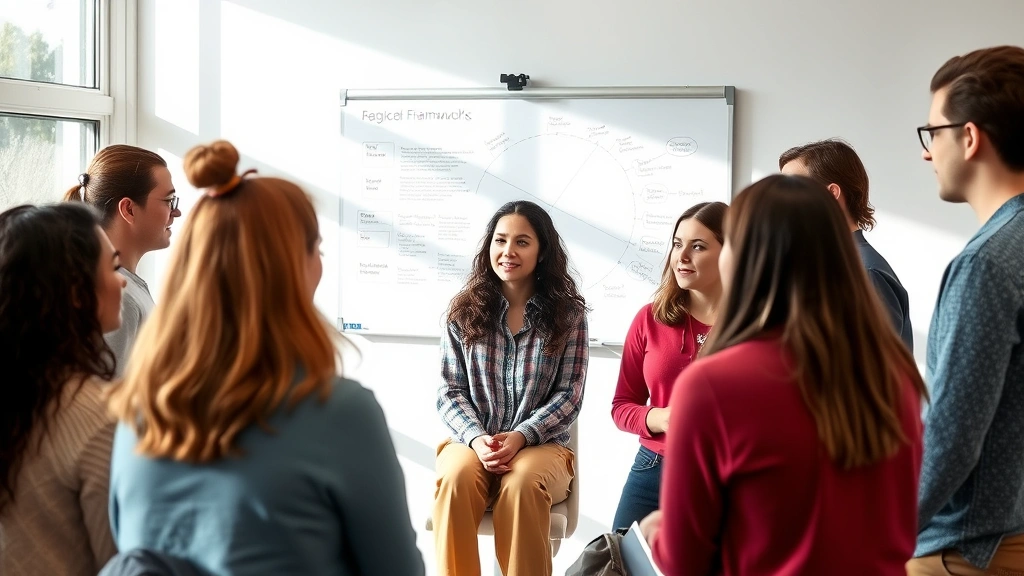 Diverse group of occupational therapy students engaged in collaborative discussion around theoretical frameworks, with whiteboard showing conceptual diagrams in background, natural lighting