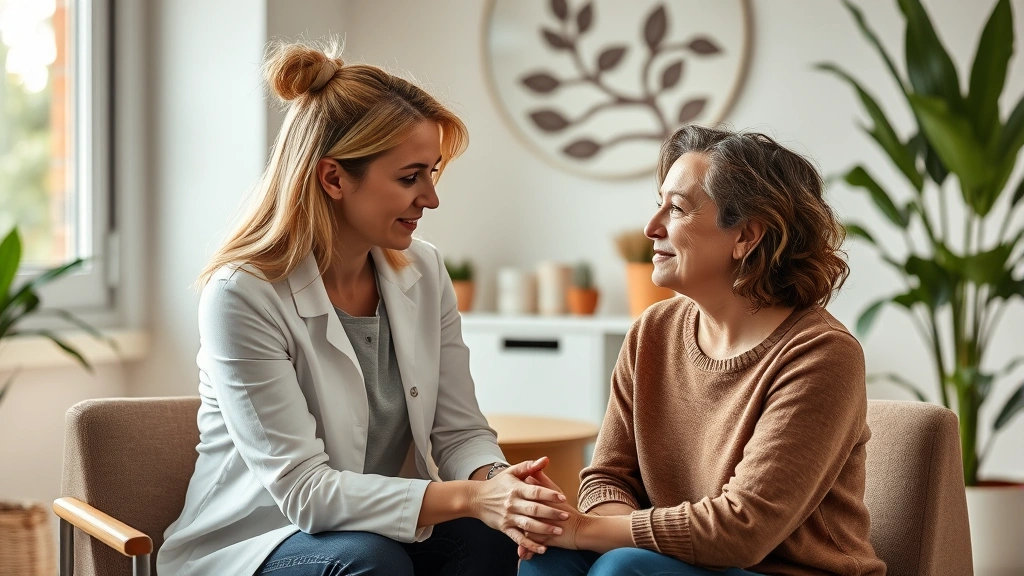 Therapist and client in occupational therapy session with gentle eye contact and attentive body language, modern therapy office with natural elements, warm lighting, photorealistic