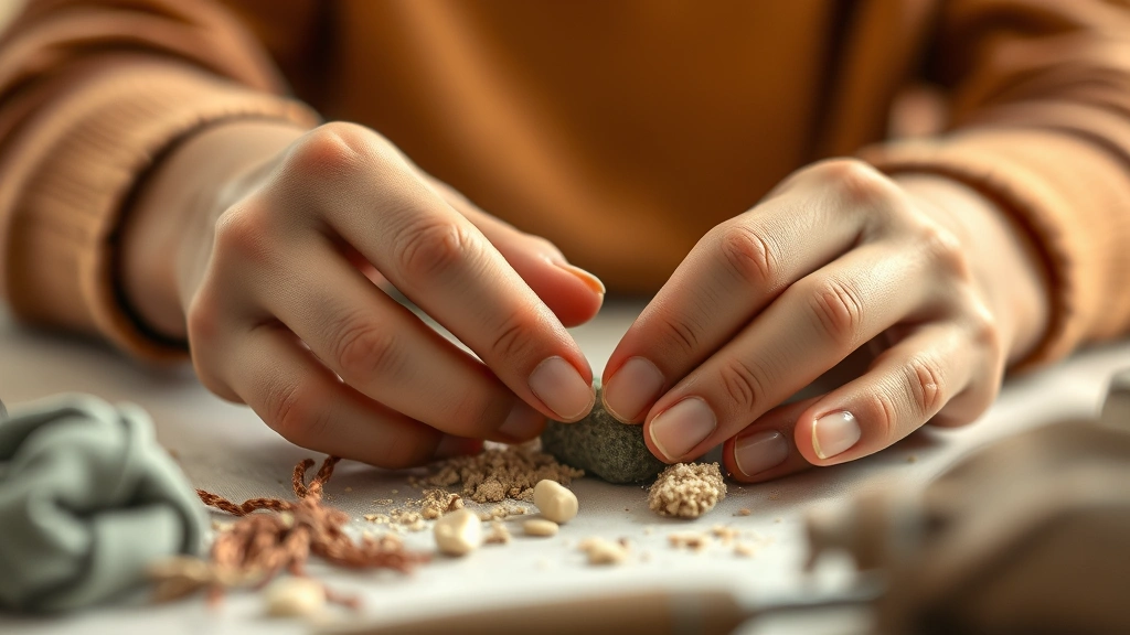 Close-up of hands engaged in a mindful craft activity during therapy—fingers working with textured materials like clay or fabric, soft focus background, warm lighting highlighting the sensory engagement and present-moment focus, photorealistic detail