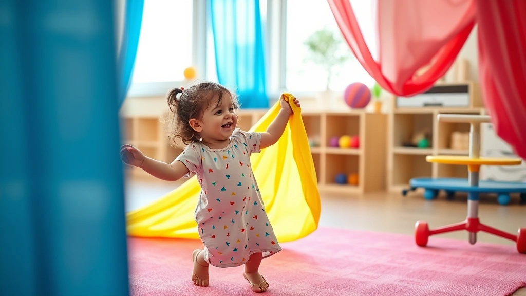 Child participating in sensory integration therapy with colored fabric and balance equipment in bright therapy room, showing joyful movement and engagement with therapeutic tools
