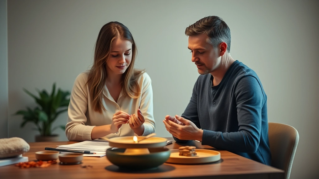 Therapist and client engaged in mindful activity together at a table with therapeutic materials, both showing calm presence and focused attention, hands visible doing gentle occupational task, warm lighting and supportive environment