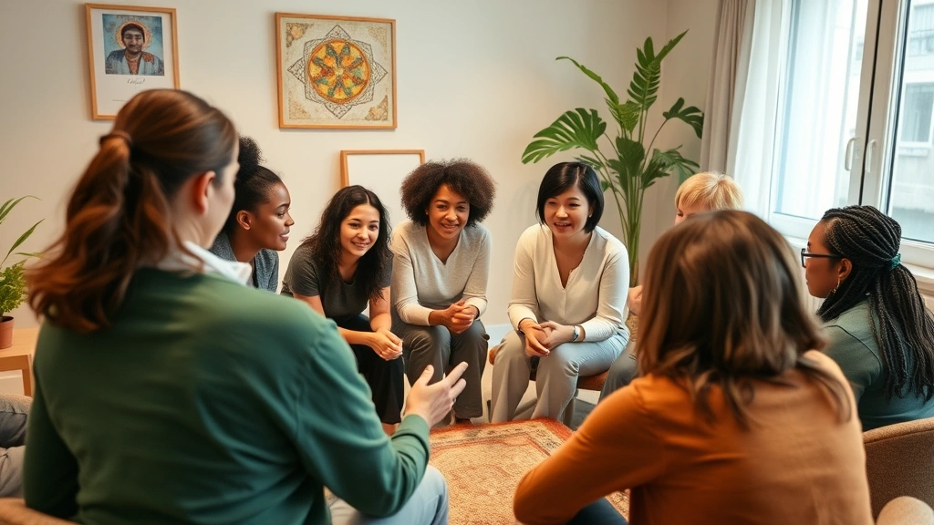 Therapist leading group session with diverse clients engaged in collaborative meaningful activity, inclusive therapeutic setting, everyone participating actively, warm supportive atmosphere, community-based mental health setting