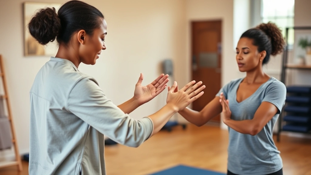 Diverse therapist in clinical setting guiding client through mindful movement activity, hands demonstrating proper posture and awareness, warm therapeutic environment with exercise equipment visible, focusing on mind-body connection and presence