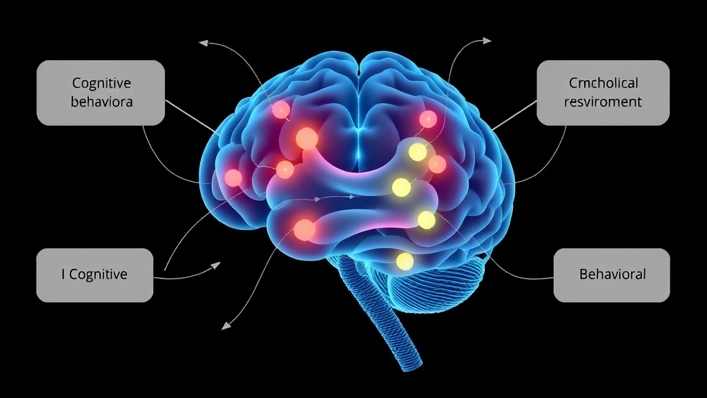 Brain visualization with interconnected nodes representing cognitive, behavioral, and environmental factors in mental health treatment, showing holistic biopsychosocial approach to therapy