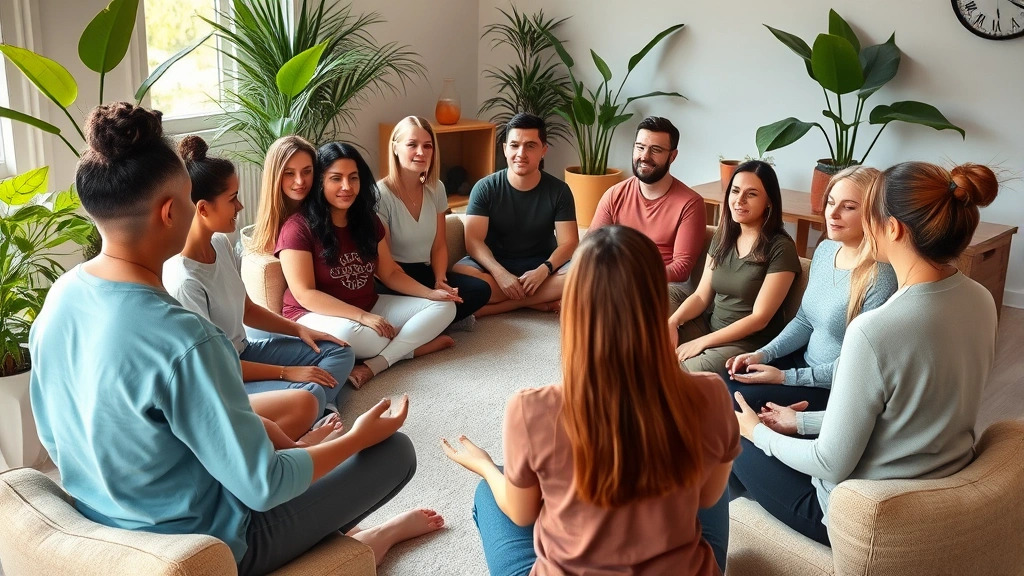 A diverse group of therapy clients sitting in circle formation during a group mindfulness session, various ages and backgrounds visible, calm expressions, natural light, peaceful therapeutic environment with plants and comfortable seating, photorealistic