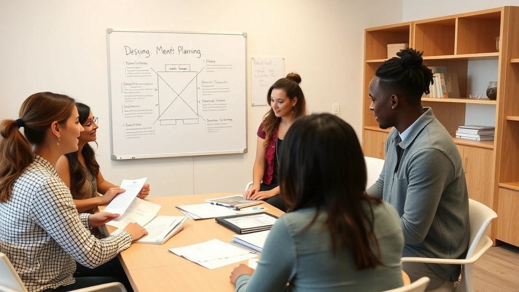 Diverse occupational therapy team in conference room reviewing client assessment documents and discussing treatment planning with visible framework diagrams on whiteboard