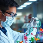 Laboratory scientist examining colorful molecular models and genetic structures under professional lighting, representing genetic research and therapy development