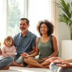 A diverse family sitting together in a peaceful, sunlit room practicing meditation with gentle expressions of calm and connection, representing mindfulness and family wellness in medical settings