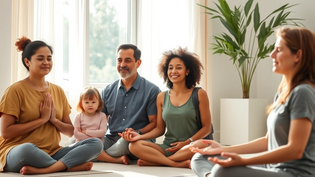A diverse family sitting together in a peaceful, sunlit room practicing meditation with gentle expressions of calm and connection, representing mindfulness and family wellness in medical settings