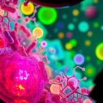 Microscopic view of colorful cellular organelles and lysosomes with heparan sulfate molecules, scientific laboratory setting, vibrant bioluminescent colors, high magnification, realistic cellular biology imagery