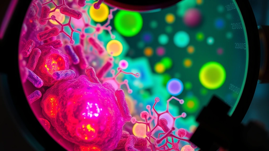 Microscopic view of colorful cellular organelles and lysosomes with heparan sulfate molecules, scientific laboratory setting, vibrant bioluminescent colors, high magnification, realistic cellular biology imagery