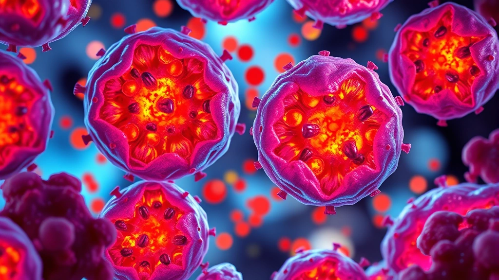 Photorealistic microscopic view of colorful lysosomes with accumulated heparan sulfate molecules inside cells, showing cellular damage and accumulation, scientific illustration style, vibrant colors, no text or labels