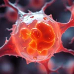 Photorealistic microscopic view of lysosomes containing heparan sulfate accumulation in neural cells, showing cellular damage mechanisms in Sanfilippo syndrome, magnified scientific visualization