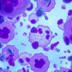 Microscopic view of lysosomal storage cells with accumulated heparan sulfate, showing cellular damage in blue and purple tones, photorealistic scientific visualization