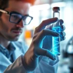 Photorealistic image of a scientist in a modern laboratory examining a glowing blue vial containing gene therapy solution, with advanced laboratory equipment visible in the soft-focused background, representing cutting-edge genetic medicine research