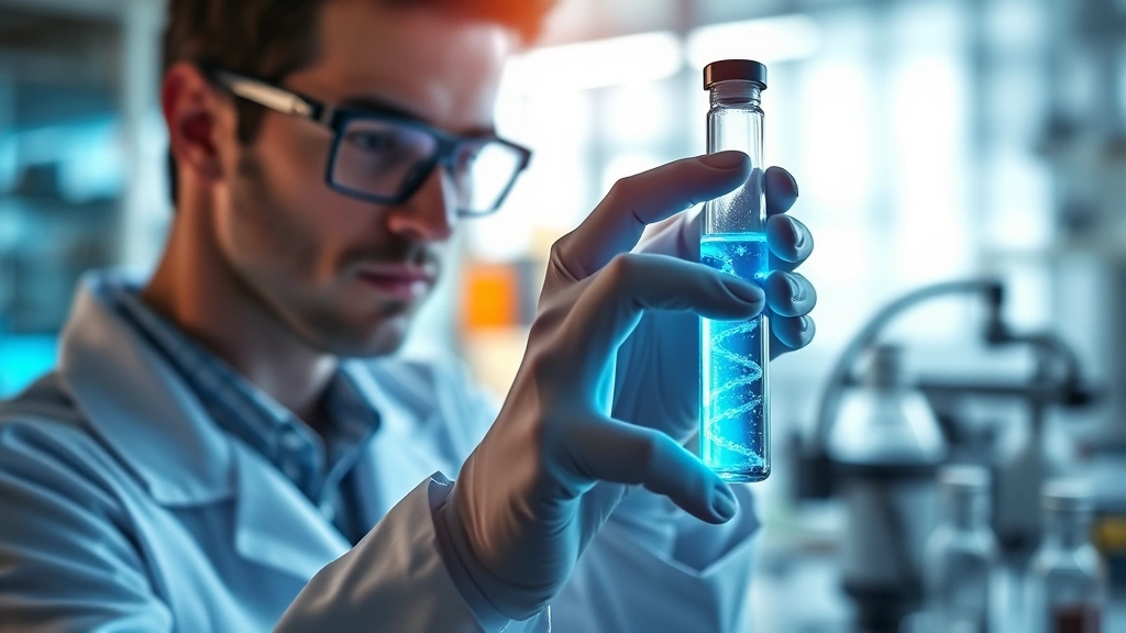 Photorealistic image of a scientist in a modern laboratory examining a glowing blue vial containing gene therapy solution, with advanced laboratory equipment visible in the soft-focused background, representing cutting-edge genetic medicine research