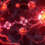 Microscopic view of neural cells with glowing therapeutic molecules being delivered through advanced vector technology, showing gene therapy interaction with brain tissue, photorealistic medical illustration style