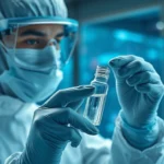 Photorealistic laboratory scene showing a scientist in protective gear examining a vial of transparent gene therapy solution under specialized lighting, with molecular structures visible in the background, clinical and professional setting