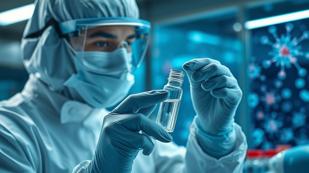 Photorealistic laboratory scene showing a scientist in protective gear examining a vial of transparent gene therapy solution under specialized lighting, with molecular structures visible in the background, clinical and professional setting