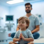 Serene child meditating in modern clinical setting with soft blue lighting, parents visible in background practicing mindfulness together, peaceful expression, medical monitors subtly visible