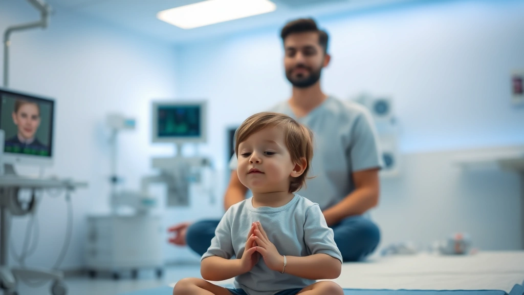Serene child meditating in modern clinical setting with soft blue lighting, parents visible in background practicing mindfulness together, peaceful expression, medical monitors subtly visible