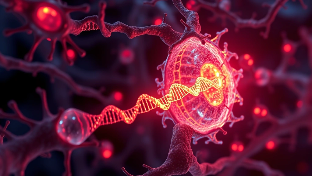 Microscopic view of human neural cells with glowing therapeutic molecules entering the nucleus, representing gene therapy delivery to brain tissue, photorealistic scientific visualization