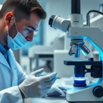 Photorealistic medical laboratory technician in white coat analyzing genetic samples under advanced microscope with blue bioluminescent displays, modern laboratory environment with clean surfaces and specialized equipment