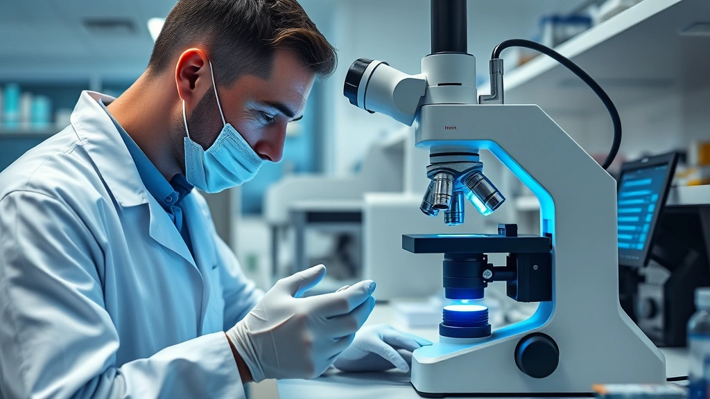Photorealistic medical laboratory technician in white coat analyzing genetic samples under advanced microscope with blue bioluminescent displays, modern laboratory environment with clean surfaces and specialized equipment