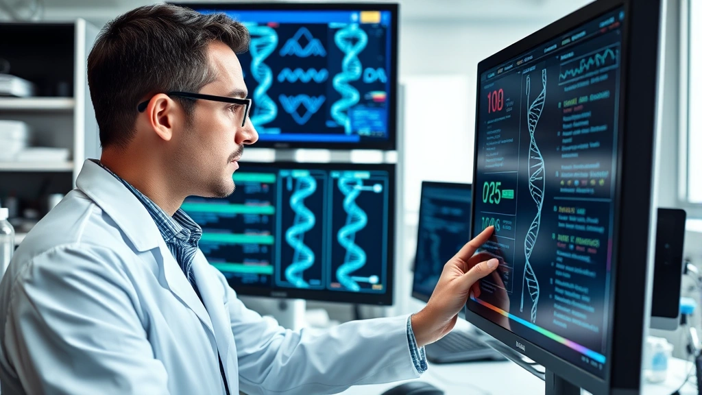 Scientist in modern laboratory examining genetic sequencing data on multiple monitors, DNA helixes visible, biotech equipment in background, professional clinical setting, natural lighting
