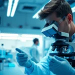 Professional laboratory scientist examining DNA samples in advanced biotech facility with blue lighting and modern equipment, focused microscopic work environment
