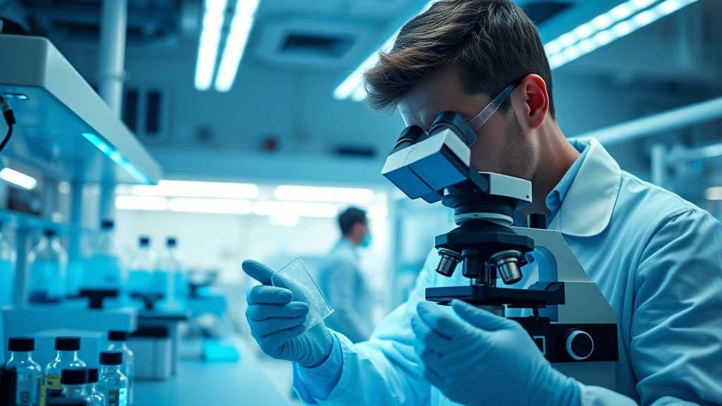 Professional laboratory scientist examining DNA samples in advanced biotech facility with blue lighting and modern equipment, focused microscopic work environment