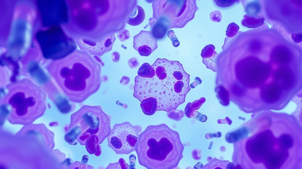 Microscopic view of lysosomal storage cells with accumulated heparan sulfate, showing cellular damage in blue and purple tones, photorealistic scientific visualization