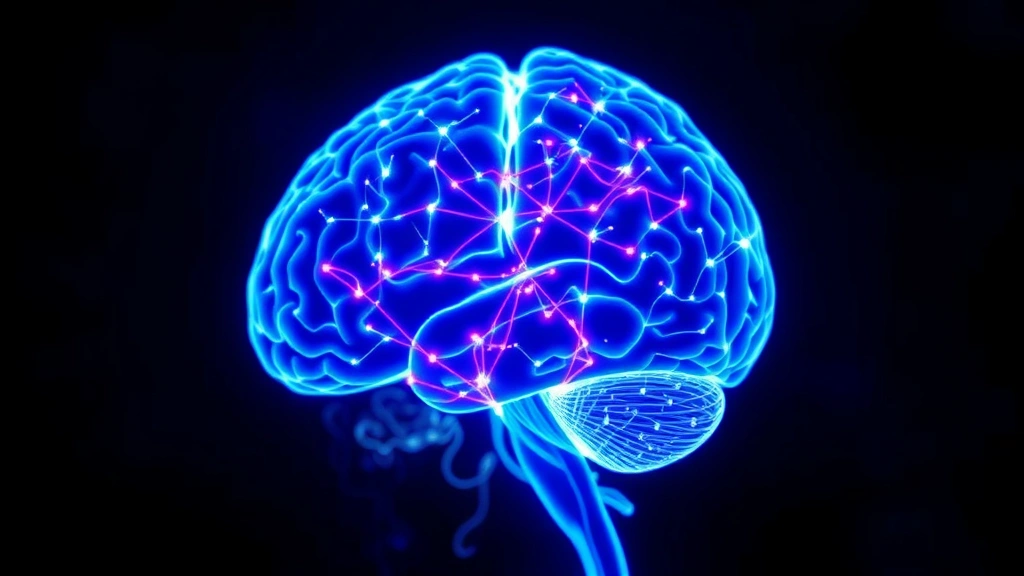 Advanced medical imaging scan showing brain neural pathways glowing in blue and purple hues, symbolizing neurological disease and treatment mechanisms