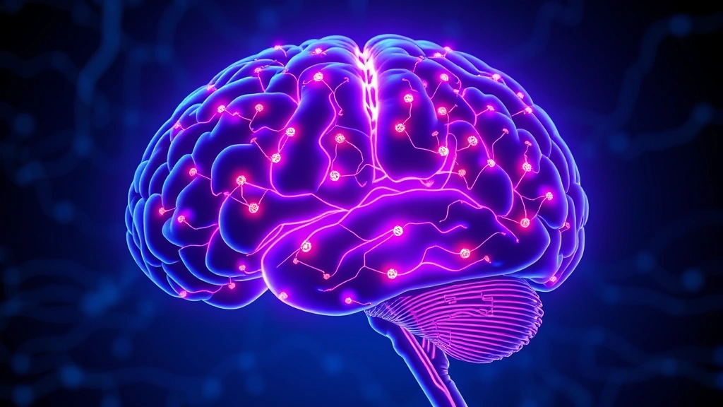 Cross-section of human brain with highlighted neural pathways and glowing synapses representing neurological treatment, medical illustration style with deep blue and purple lighting