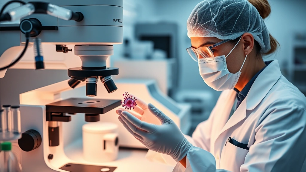 Medical professional in sterile laboratory examining viral vector particles under advanced microscopy equipment, biotechnology research facility, clinical precision, modern molecular biology tools visible