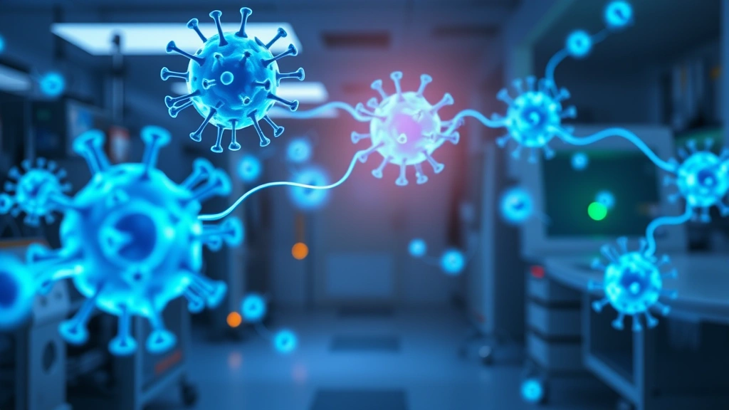 Photorealistic medical laboratory scene showing AAV viral vectors approaching brain cells with glowing pathways, abstract visualization of gene delivery across blood-brain barrier, blue and green bioluminescent effects, no text