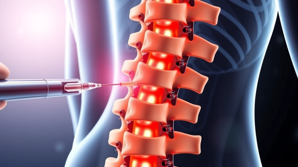 Photorealistic medical illustration of intrathecal injection procedure showing needle placement in lumbar spine region delivering gene therapy vectors to cerebrospinal fluid surrounding spinal cord