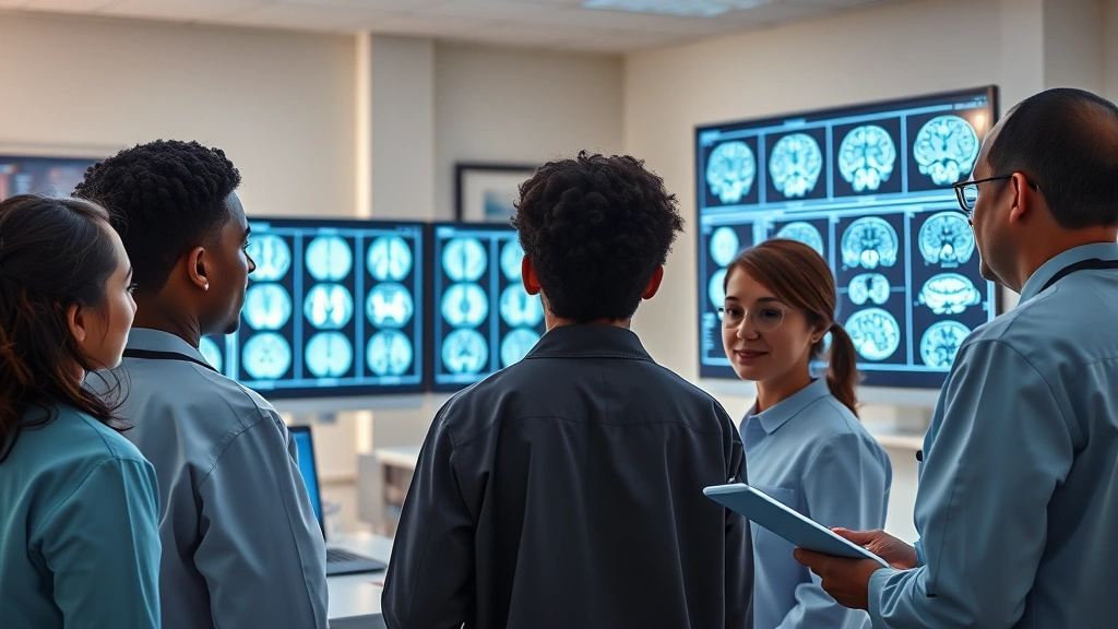 Photorealistic image of a diverse pediatric neurology team reviewing brain imaging scans on illuminated displays in a hospital setting, with clinical charts and data visible, symbolizing comprehensive patient care and medical oversight