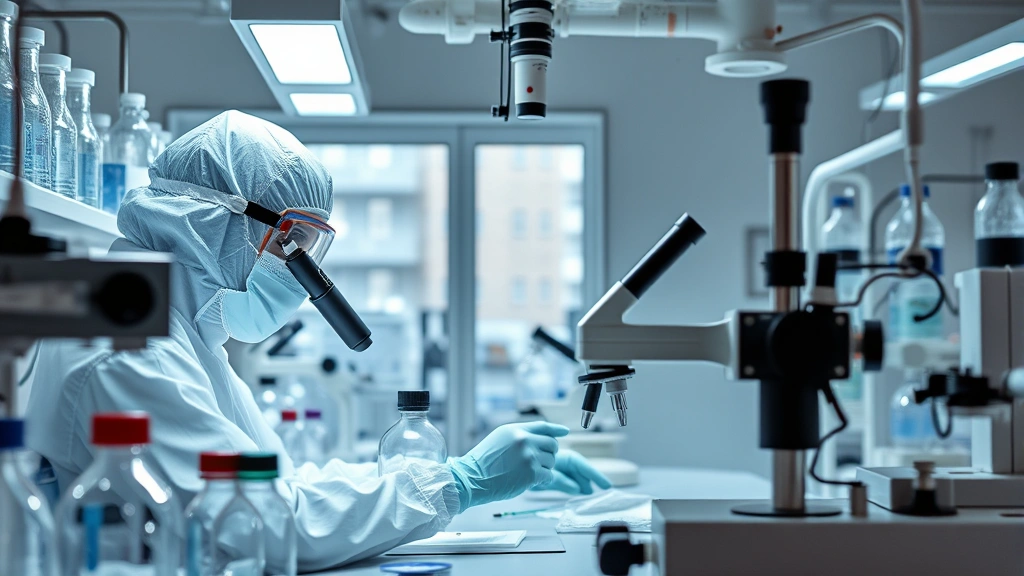 Clinical laboratory setting with specialized equipment for genetic analysis and gene therapy preparation, scientists in protective gear working with precision instruments under controlled lighting, detailed photorealistic scene