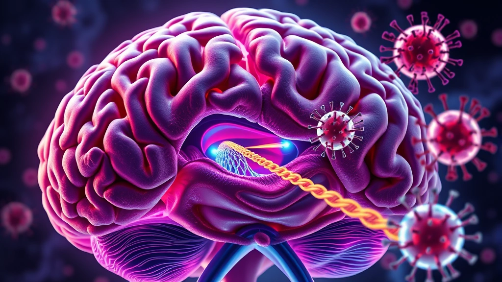 Detailed photorealistic illustration of a cross-section of human brain tissue showing cellular structures and viral vectors approaching cells, scientific medical visualization with vibrant colors showing genetic material delivery