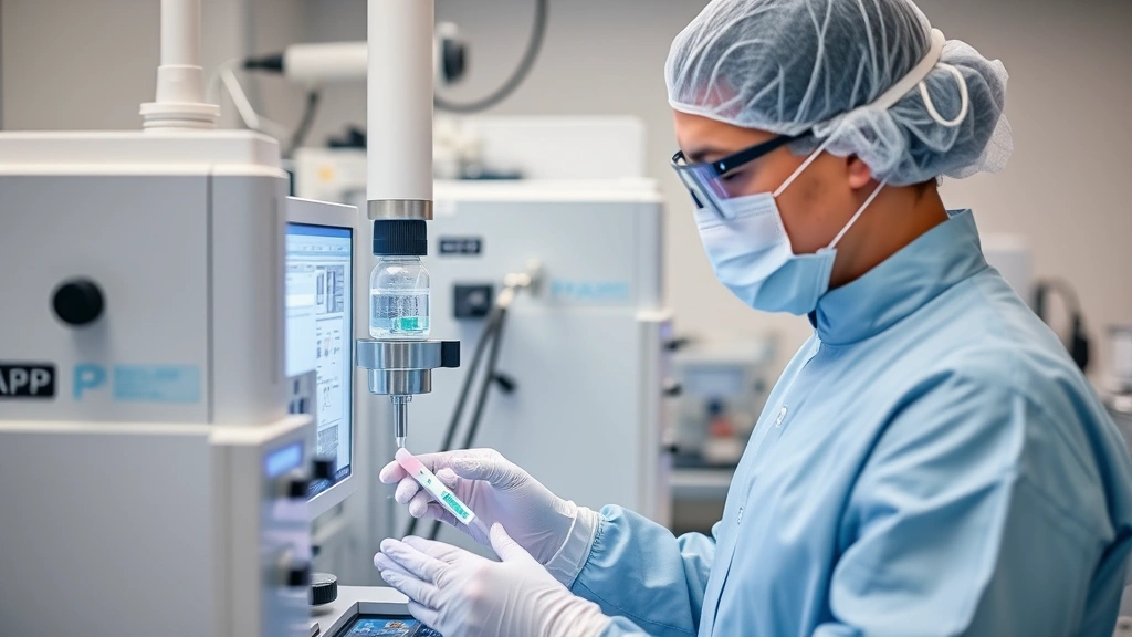 Laboratory technician in sterile environment handling advanced medical equipment for gene therapy vector preparation, showing precision biopharmaceutical manufacturing process