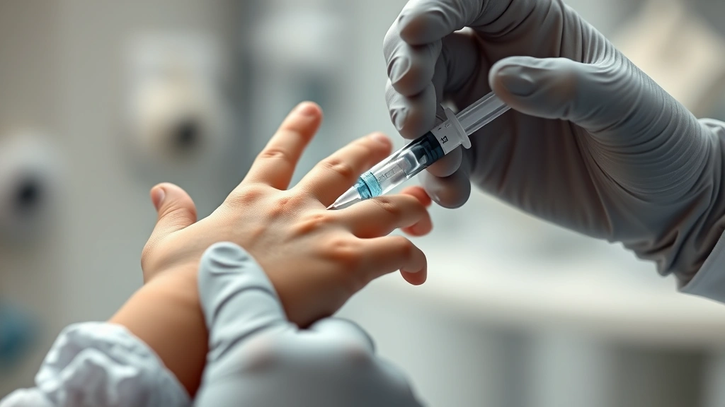 Photorealistic closeup of a child's hand receiving a medical injection with a syringe, doctor in surgical gloves administering treatment, soft clinical lighting with blurred medical background